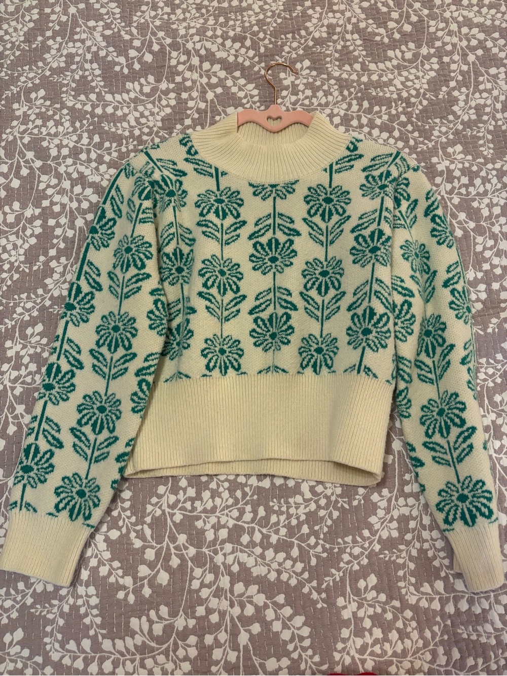 Cream and Teal Floral Mock Neck Sweater